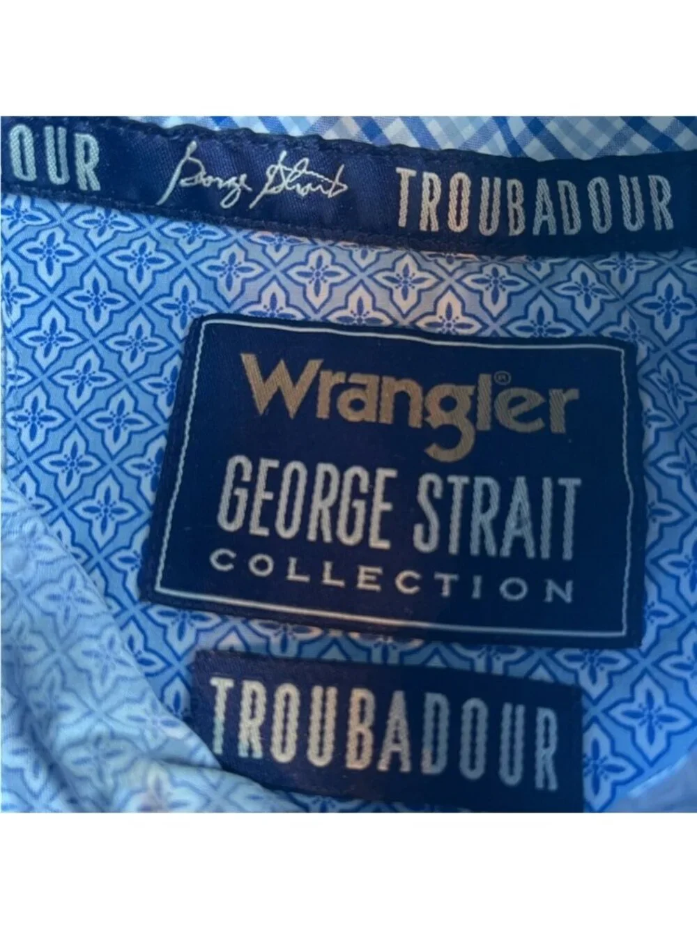 Wrangler George Strait Troubador XL Blue Geometric Pattern Pearl Snap Western